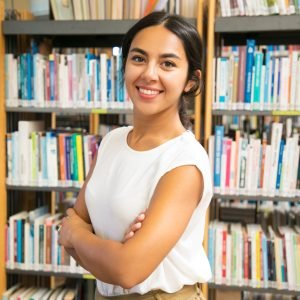 Smiling Asian woman posing at public library Formas de Titulación